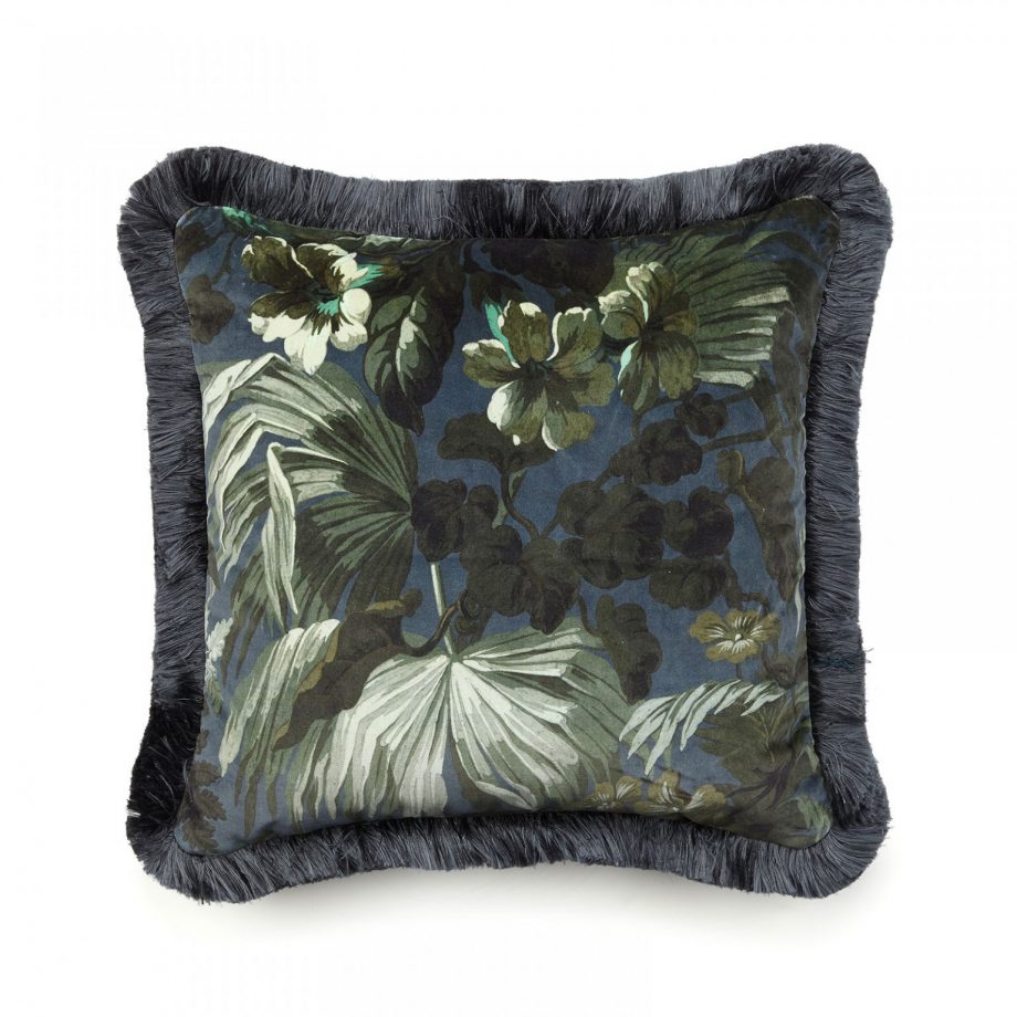 limerence medium velvet cushion ink 920x920 - Pute "Limerence" fringed velvet, midnight/green - House of Hackney