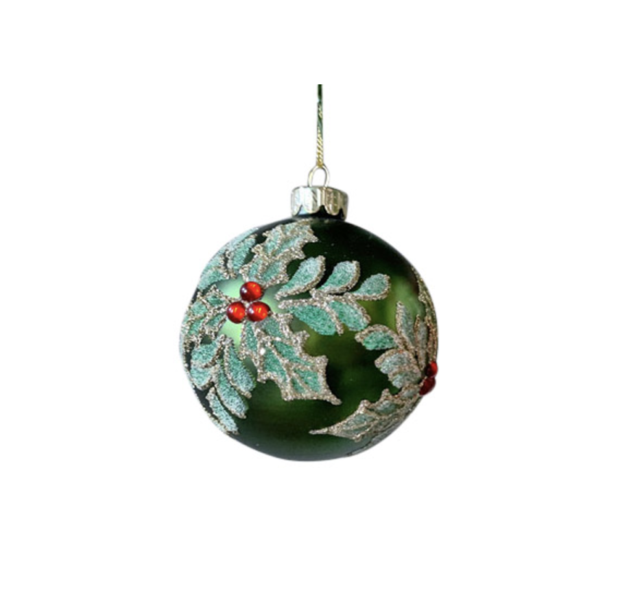 Skjermbilde 2021 12 09 kl. 10.47.25 920x887 - Julepynt - Glasskule med glitter kristtorn grønn